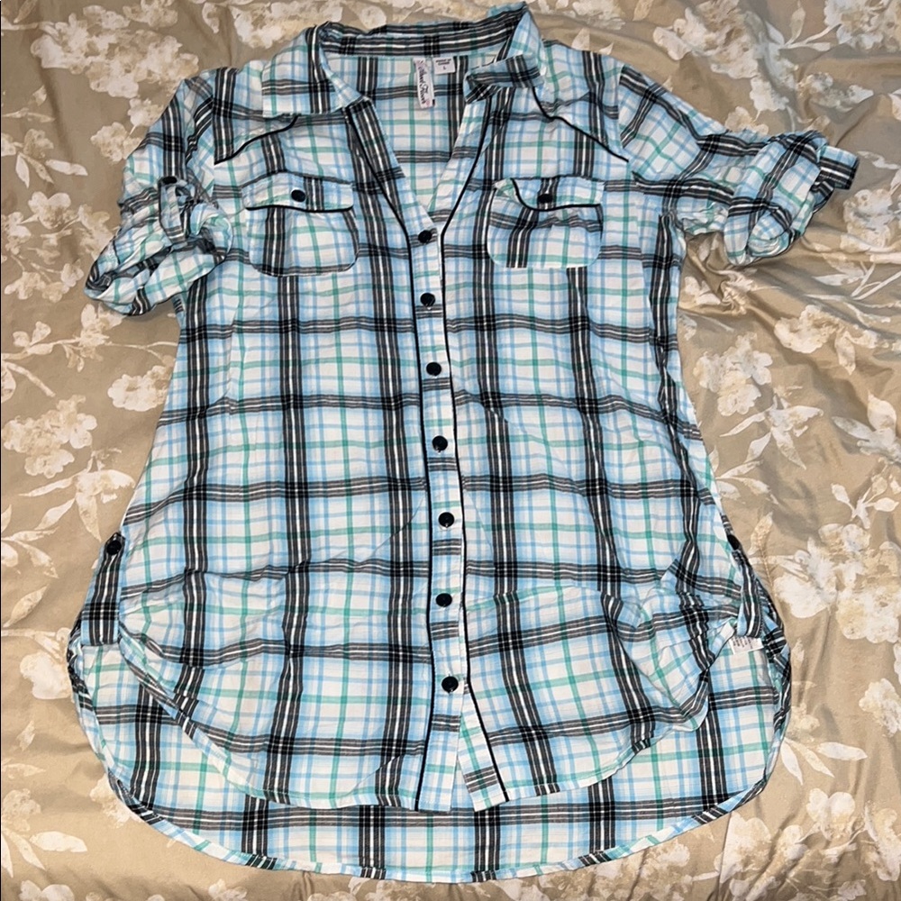 Vintage Street Flower Plaid Button-Up Mini Dress Size Large